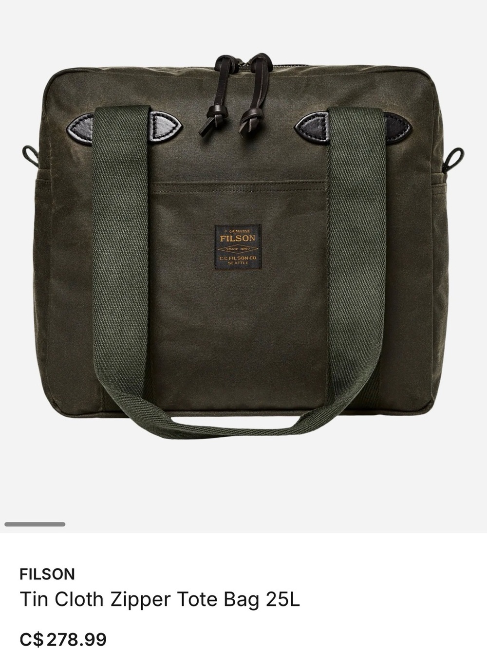 FILSON Tin Cloth Zipper Tote Bag 25L